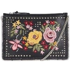 Topshop Black Chain Strap with Floral Embroidery Purse